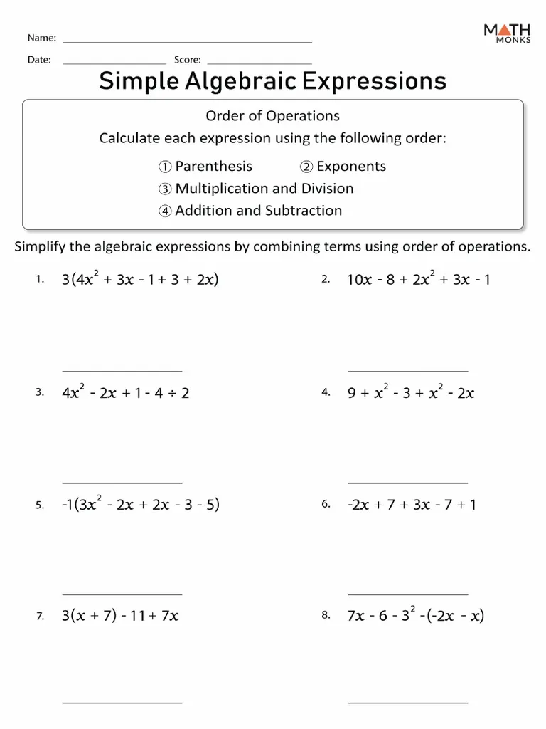 Introduction to Algebraic Expressions worksheet for sixth grade math practice Sixth grade students practicing algebraic expressions by solving order of operations and combining like terms problems