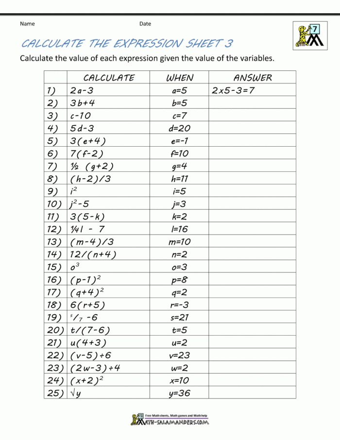 Introduction to Algebraic Expressions Worksheet Example 8 Sixth grade students solving algebraic expressions with order of operations and like terms practice problems