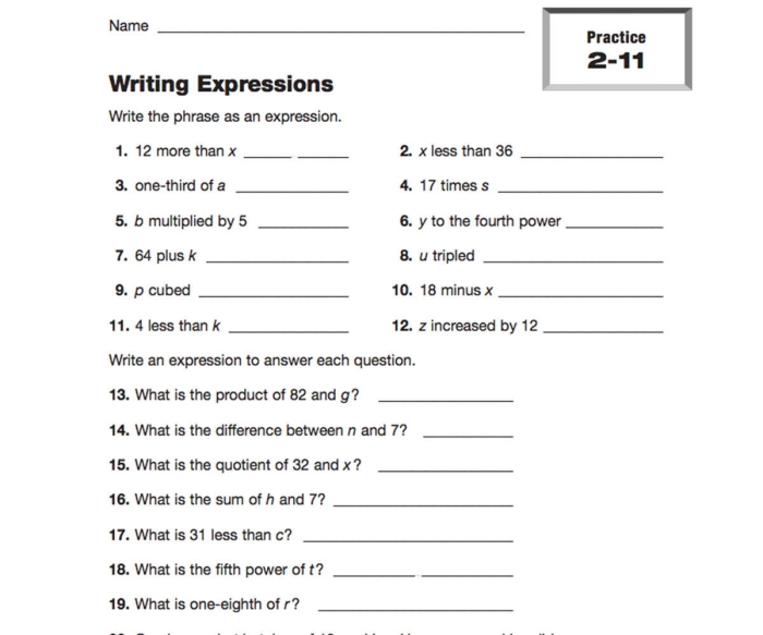 Sixth grade students writing algebraic expressions from word problems on a practice worksheet