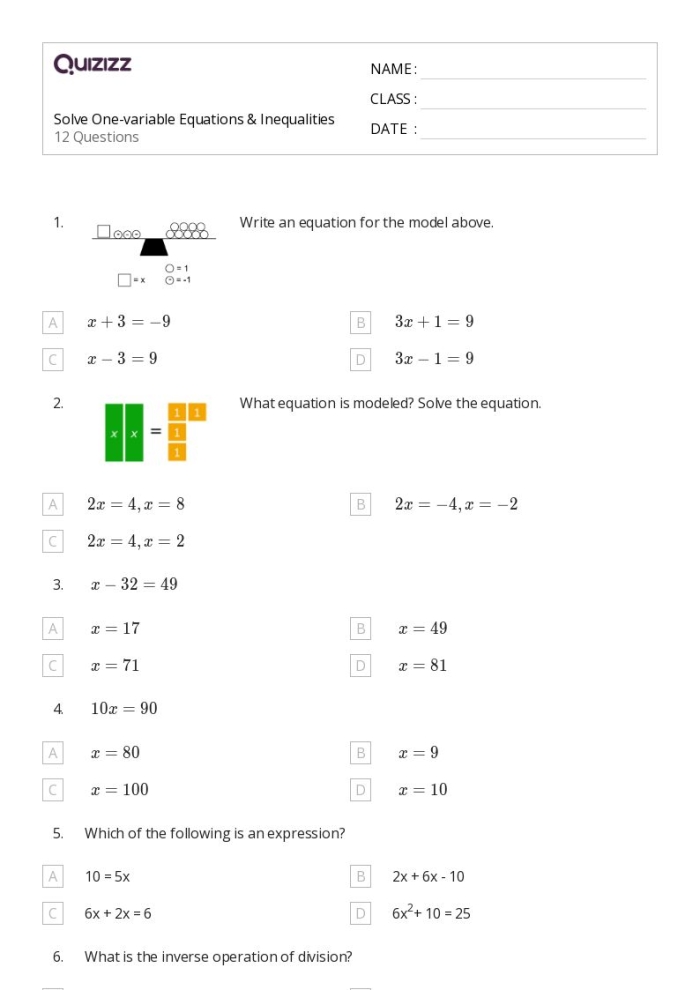 Sixth grade worksheet for writing algebraic expressions with a single operation