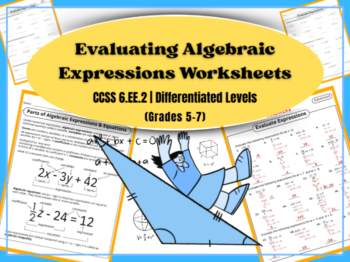 Sixth grade math worksheet featuring problems for evaluating algebraic expressions with variables