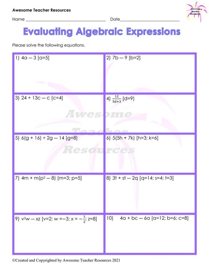 Sixth grade student practicing math skills by evaluating algebraic expressions on a printable worksheet