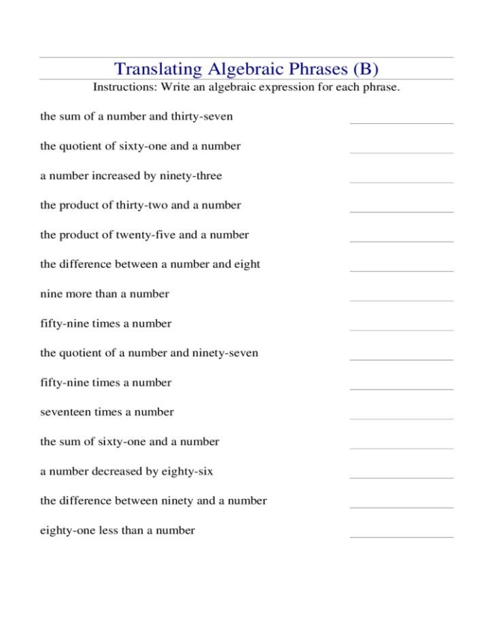 Worksheet for writing algebraic expressions for sixth graders