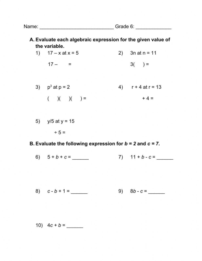 Sixth grade math worksheet featuring problems for evaluating algebraic expressions with variables
