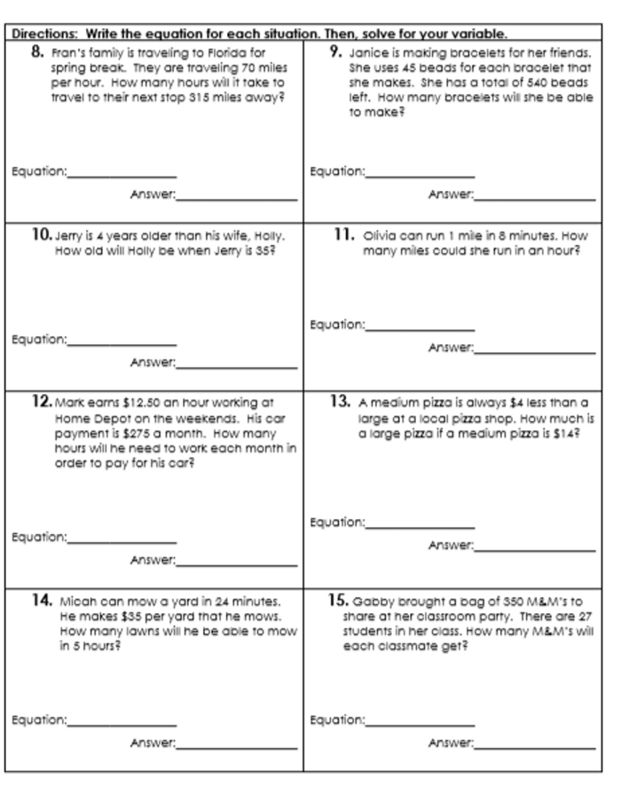 Sixth grade students practicing algebraic reasoning on a worksheet for writing and solving equations