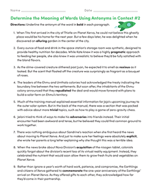 Antonyms in Context: Sixth Grade Phonics Worksheet Image 1 Worksheet for determining word meanings through antonyms in context
