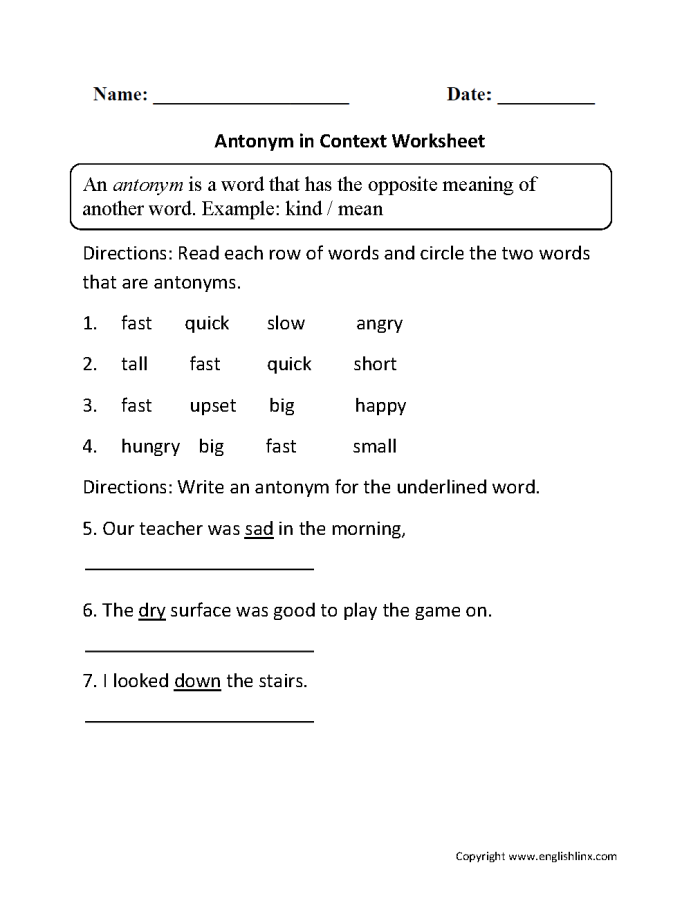 Antonyms in Context Worksheet for Phonics Skills - Image 17 Worksheet for determining word meanings using antonyms in context for sixth graders