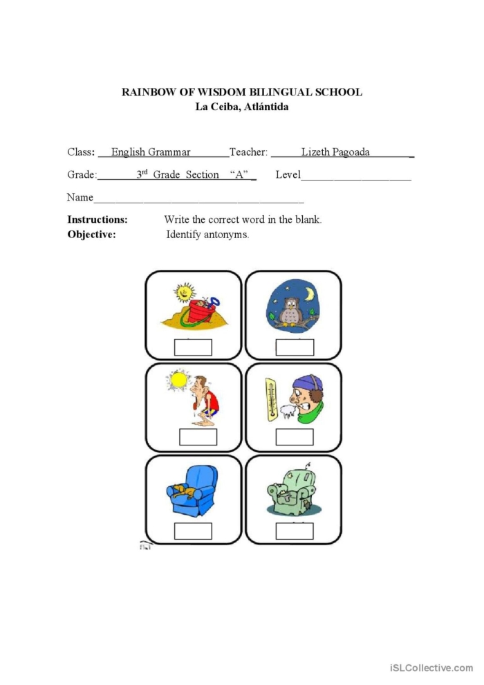 Sixth Grade phonics activity focusing on identifying antonyms in short paragraphs Students engaging with the Determine the Meaning of Words Using Antonyms in Context worksheet