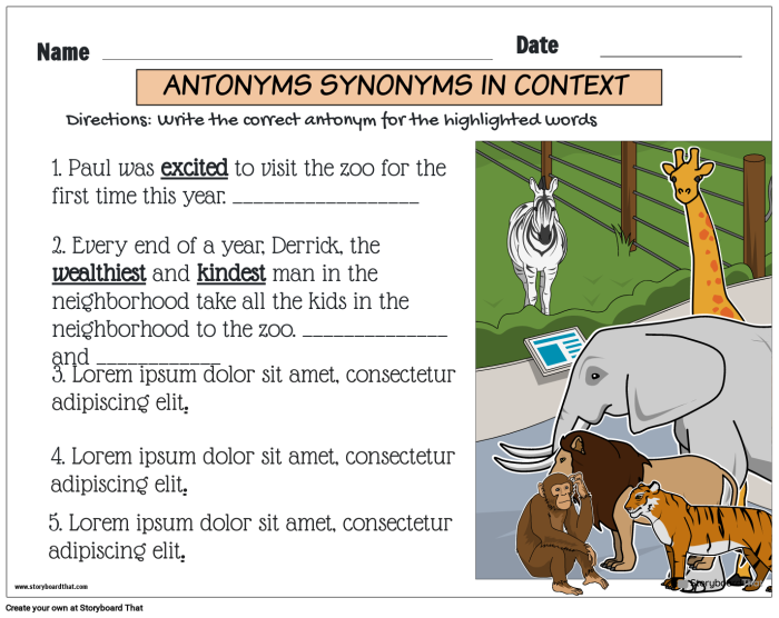 Determine the Meaning of Words Using Antonyms in Context worksheet for phonics practice Worksheet featuring sixth graders matching familiar words with their antonyms in context