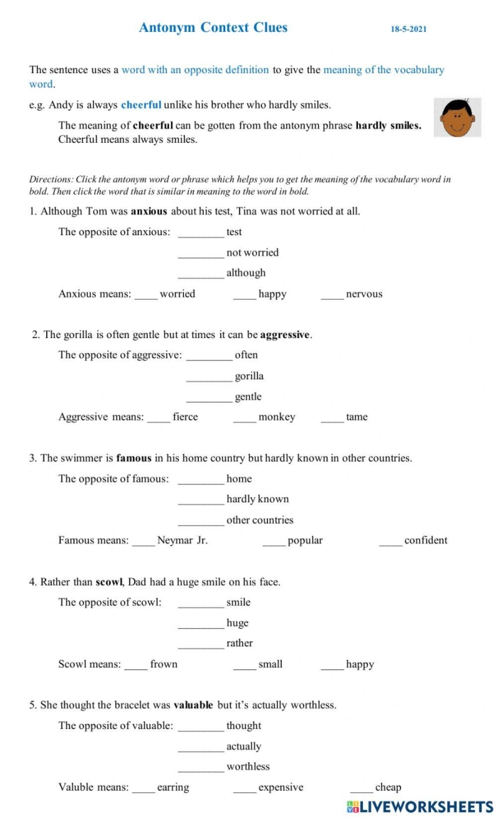 Phonics worksheet for Sixth Grade Worksheet for sixth graders focusing on antonyms in context with short paragraphs. Determine the meaning of words using antonyms in context.