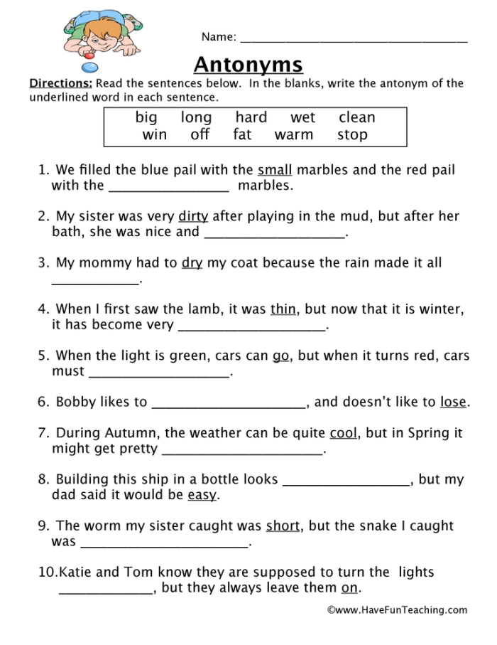 Antonym matching worksheet for reading and writing skills in phonics Worksheet for determining word meanings using antonyms in context for sixth graders