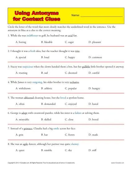 Phonics worksheet for Sixth Grade Sixth-grade students working on a worksheet that focuses on using antonyms to determine word meanings. Determine the Meaning of Words Using Antonyms in Context worksheet for phonics practice.