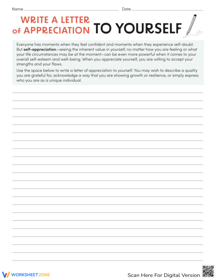 Worksheet for writing a letter of appreciation to oneself for sixth graders