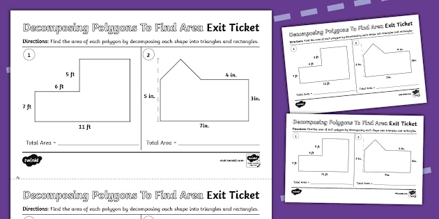 Sixth grade math worksheet showing examples of decomposing complex polygons into simpler shapes to calculate area