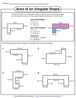 Sixth grade math worksheet showing a geometric shape broken into smaller rectangles for area calculation