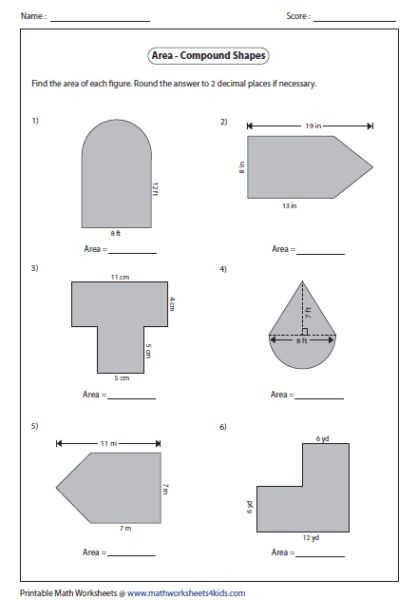 Sixth grade math worksheet focused on calculating the area of various compound geometric shapes