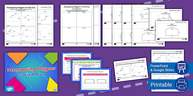 Sixth grade math worksheet for decomposing polygons into smaller shapes to calculate total area