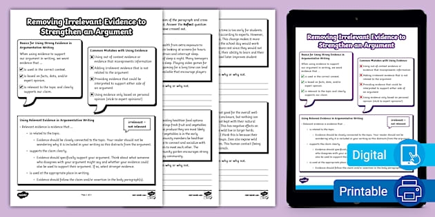 Sixth grade student completing an Argument Writing Removing Irrelevant Evidence worksheet