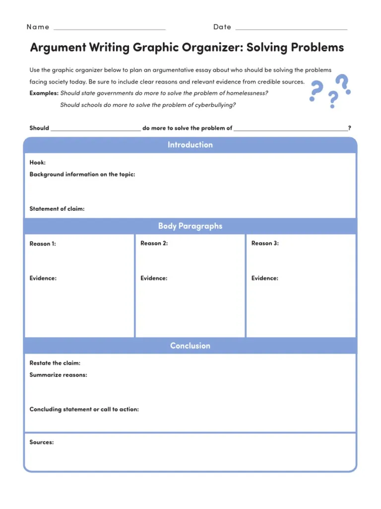 Sixth grade argumentative essay graphic organizer worksheet for solving societal problems