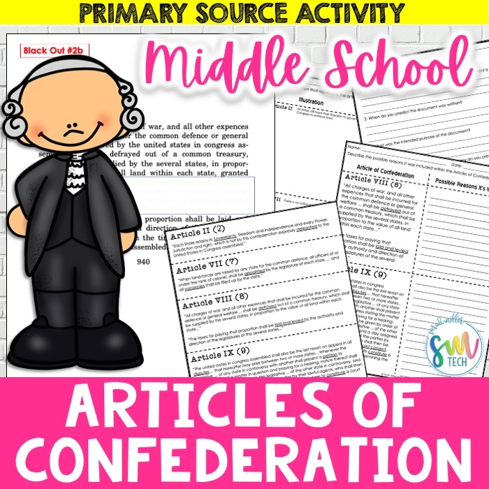 Educational resource: Articles of Confederation worksheet for social studies students Worksheet exploring the Articles of Confederation and their limitations for sixth graders