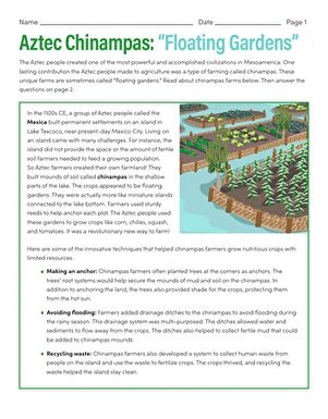 Aztec Chinampas Farming Techniques Reading Comprehension Worksheet Three Sixth grade students reading a text about Aztec floating gardens with a worksheet illustration