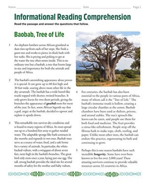 ALT text for a sixth-grade reading comprehension worksheet about the Baobab tree, highlighting its significance as Africa's "tree of life".