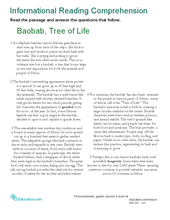 Sixth grade informational reading worksheet featuring a detailed illustration of an African baobab tree
