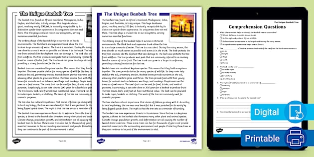 Sixth grade reading comprehension worksheet featuring the unique baobab tree