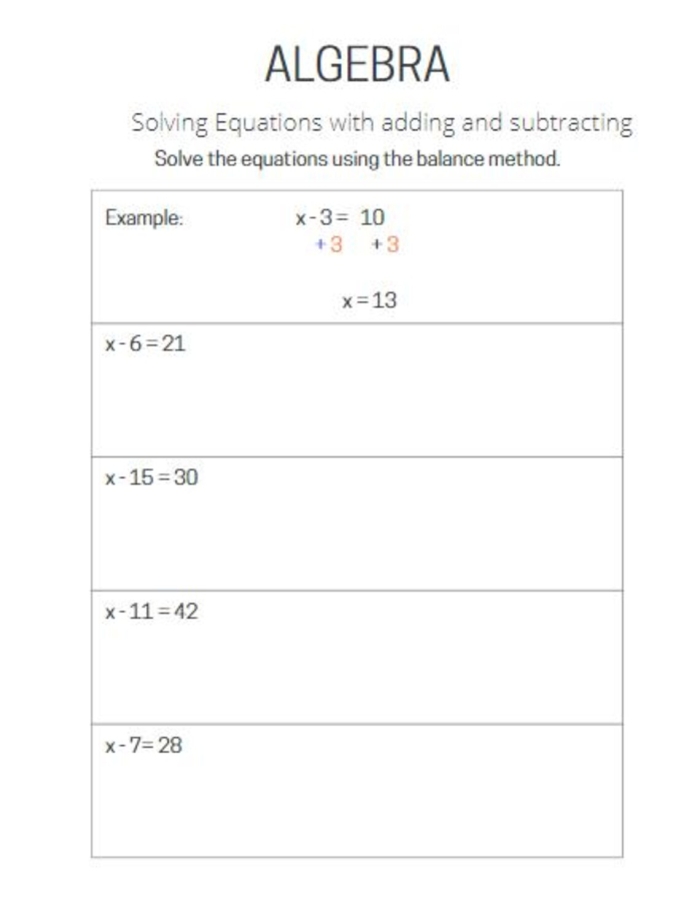 Sixth grade math worksheet for practicing solutions to one-variable equations