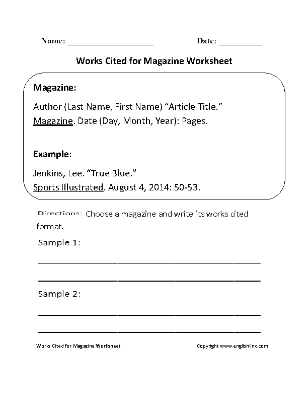 Educational image illustrating the process of creating citations and bibliographies for middle school students Writing a Bibliography worksheet for sixth graders focusing on MLA 8th edition citation format