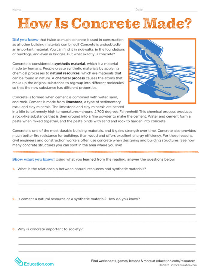 Engaging chemistry worksheet on how concrete is produced and utilized A sixth-grade worksheet illustrating the process of making concrete and its applications in society