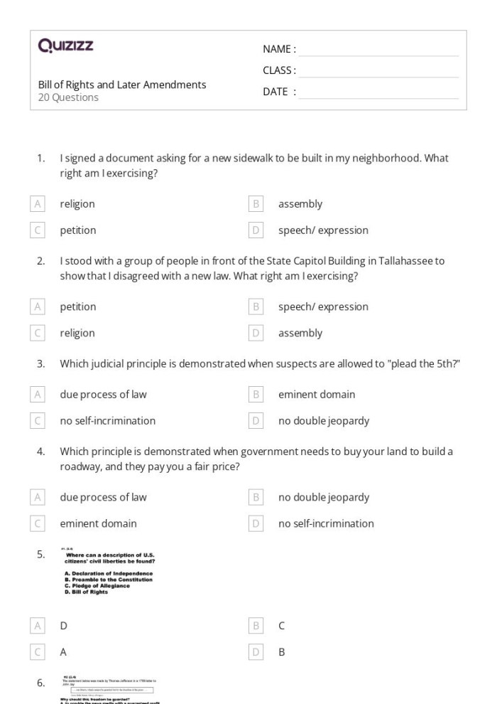 Worksheet for summarizing the first 10 amendments of the Bill of Rights for sixth graders