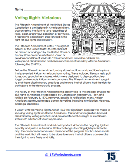 Sixth grade student worksheet for summarizing the first ten amendments of the Bill of Rights