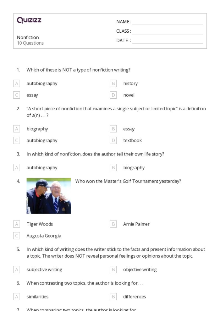 Sixth grade worksheet for comparing and contrasting biography, autobiography, and memoir using a two-page graphic organizer