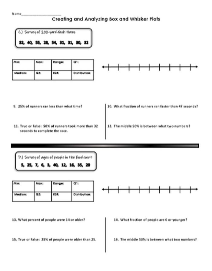 Sixth grade student practicing how to calculate the five-number summary for a box and whisker plot worksheet