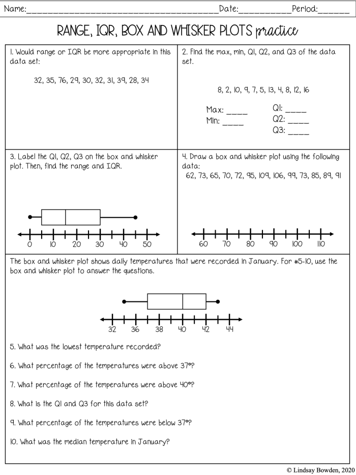 Students practicing creating box and whisker plots from data sets on a worksheet