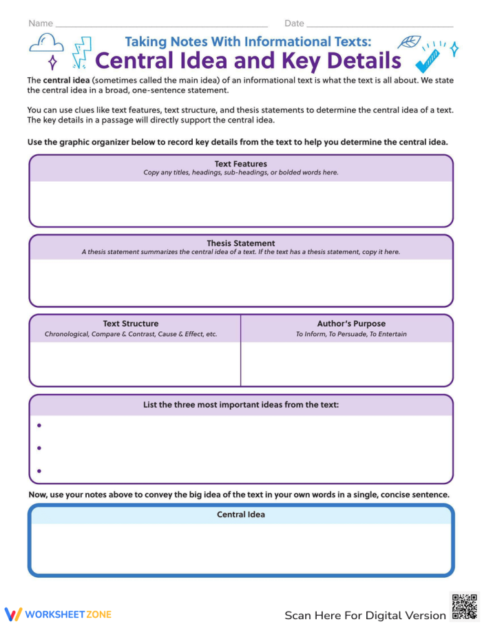 A graphic organizer worksheet showing spaces for students to record the central idea of an informational text and supporting key details in boxes arranged around it
