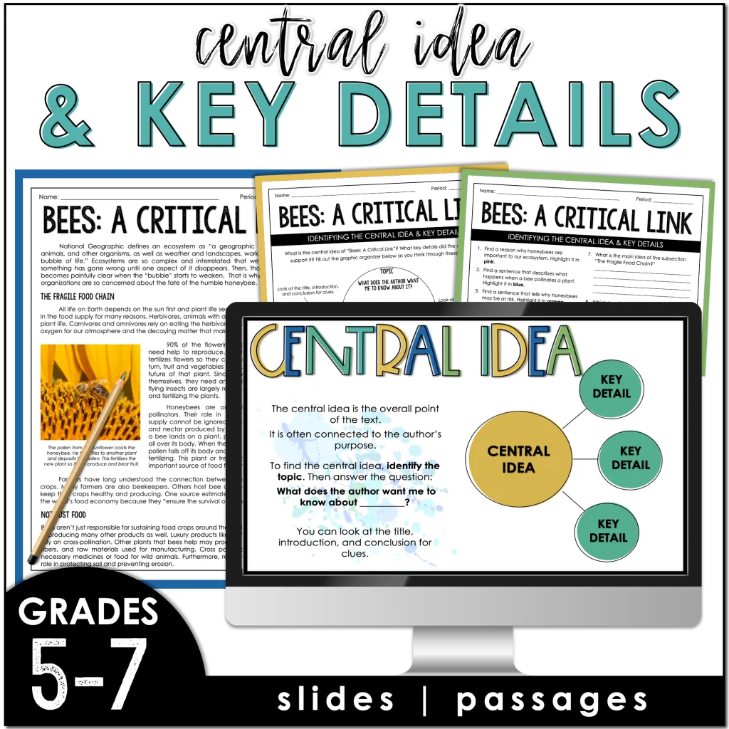 Sixth grade graphic organizer worksheet for identifying central ideas and key details in informational texts