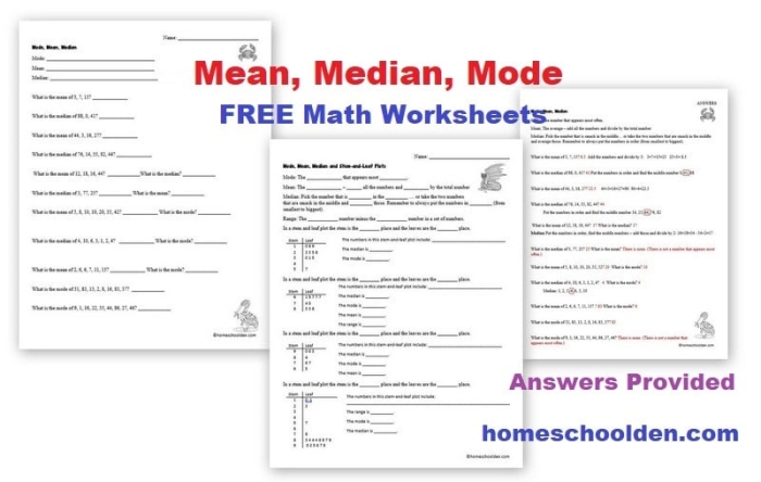 Worksheet illustrating mean, median, and mode concepts for sixth-grade students. Educational resource for understanding data sets in fractions.