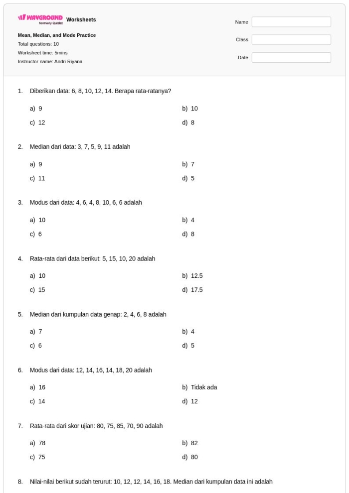 Sixth grade math worksheet featuring practice problems for calculating the mean, median, and mode of various number sets.
