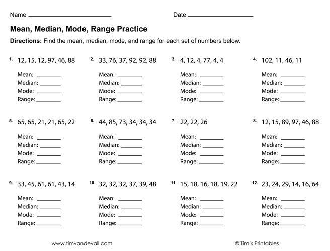 Sixth grade math worksheet for calculating mean median and mode with a set of numbers