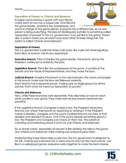 Sixth grade civics worksheet focusing on the U.S. government separation of powers and checks and balances lesson 25