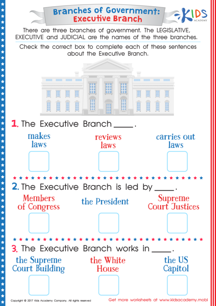 Sixth grade civics worksheet showing executive departments of the United States government with labeled illustrations and informational text