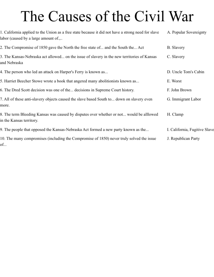 Sixth grade social studies worksheet featuring a chronological timeline of events leading to the Civil War