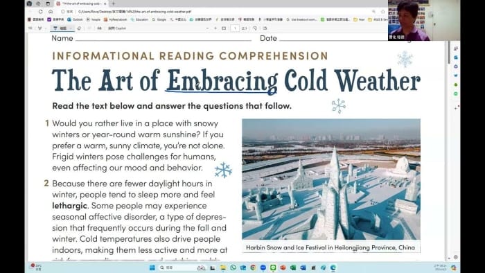 Informational Reading Comprehension worksheet focusing on how different cultures embrace cold weather