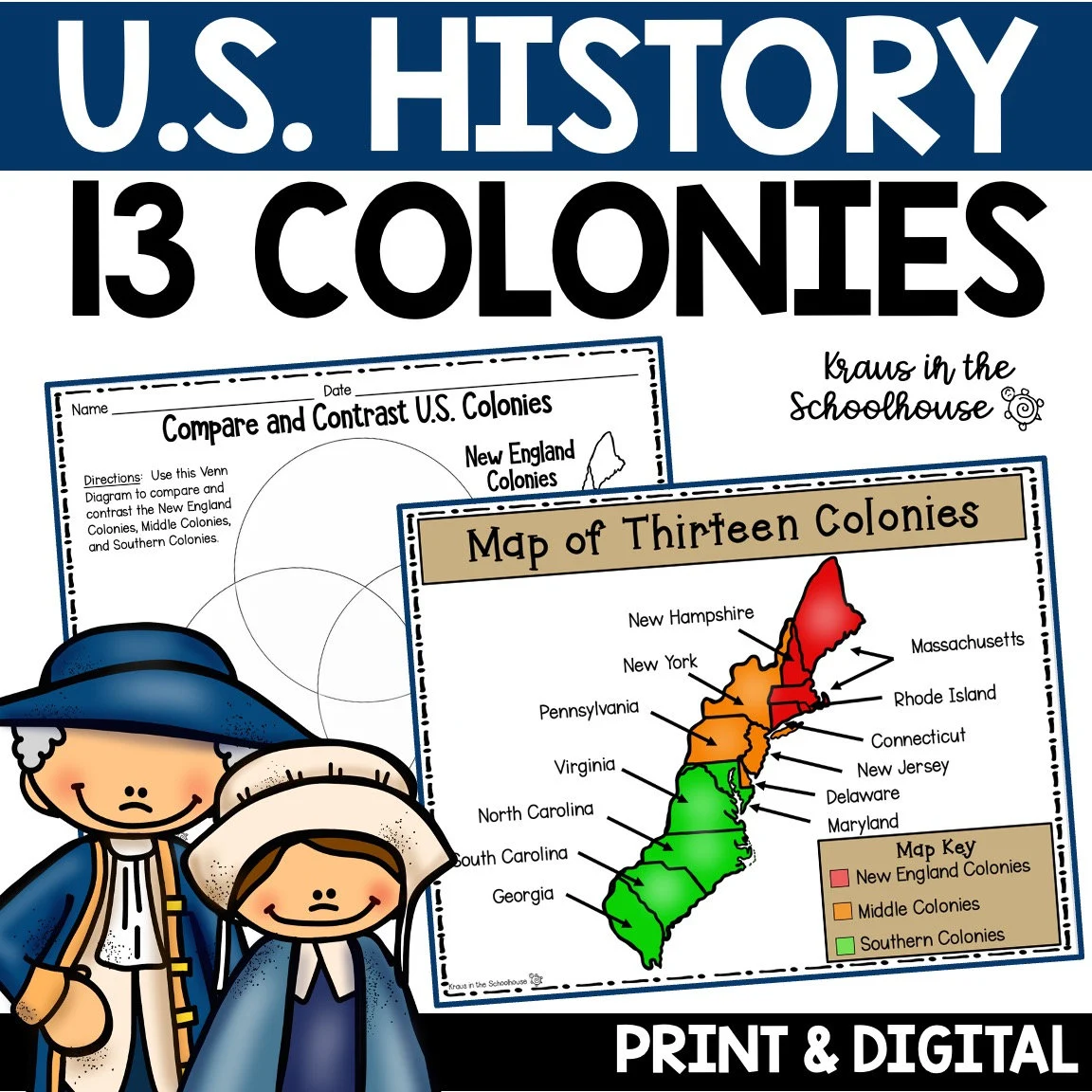 Sixth grade social studies worksheet featuring a map and activities for the three colonial regions of the 1700s