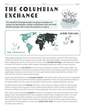 Engaging two-page activity exploring the historical impacts of the Columbian Exchange Detailed worksheet on the Columbian Exchange for sixth-grade students