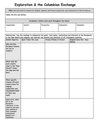 Title of the image depicting a social studies worksheet about the Columbian Exchange ALT text for a two-page worksheet on the Columbian Exchange for sixth graders