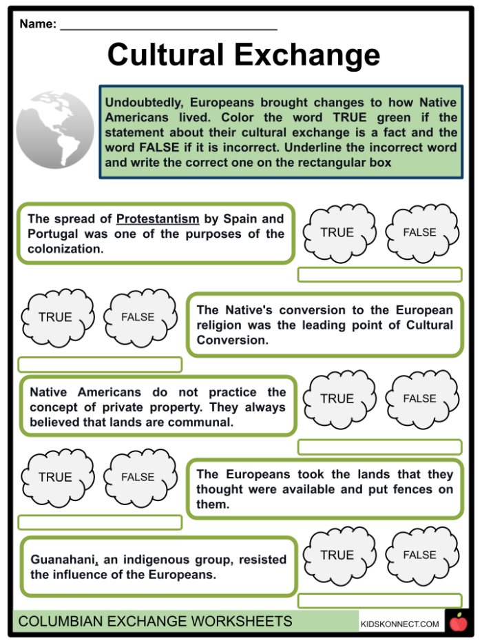 Interactive social studies worksheet exploring the Columbian Exchange effects A detailed worksheet for sixth graders on the impacts of the Columbian Exchange