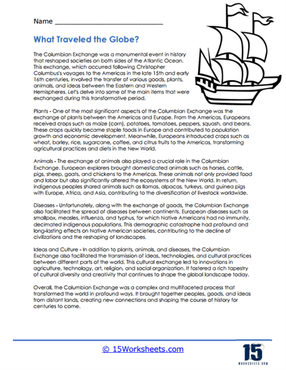 Columbian Exchange worksheet for social studies exploring historical impacts Educational worksheet on the Columbian Exchange for sixth graders highlighting key concepts and effects